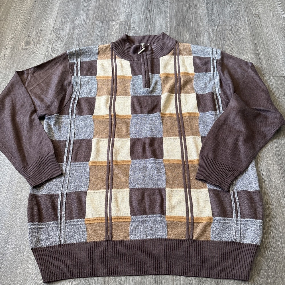 Silver silk Sweater Men Size XXL Brown Plaid 1/4 Zip Long Sleeve